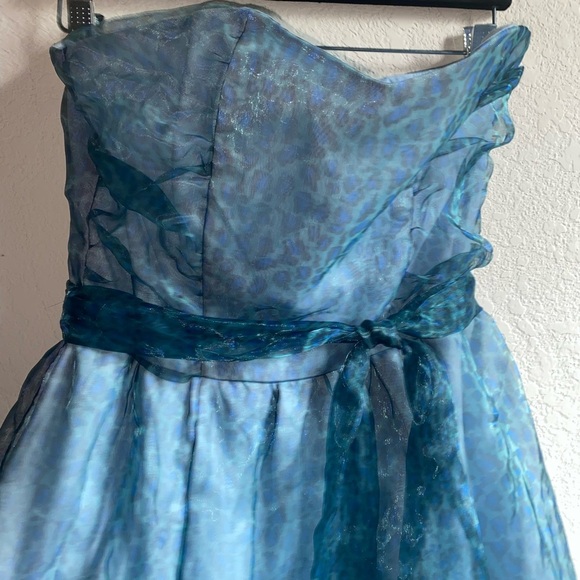 Vintage Fetish Punk Chiffon Leopard Print Tulle Hem Blue Strapless Goth Dress 10 - Picture 11 of 16